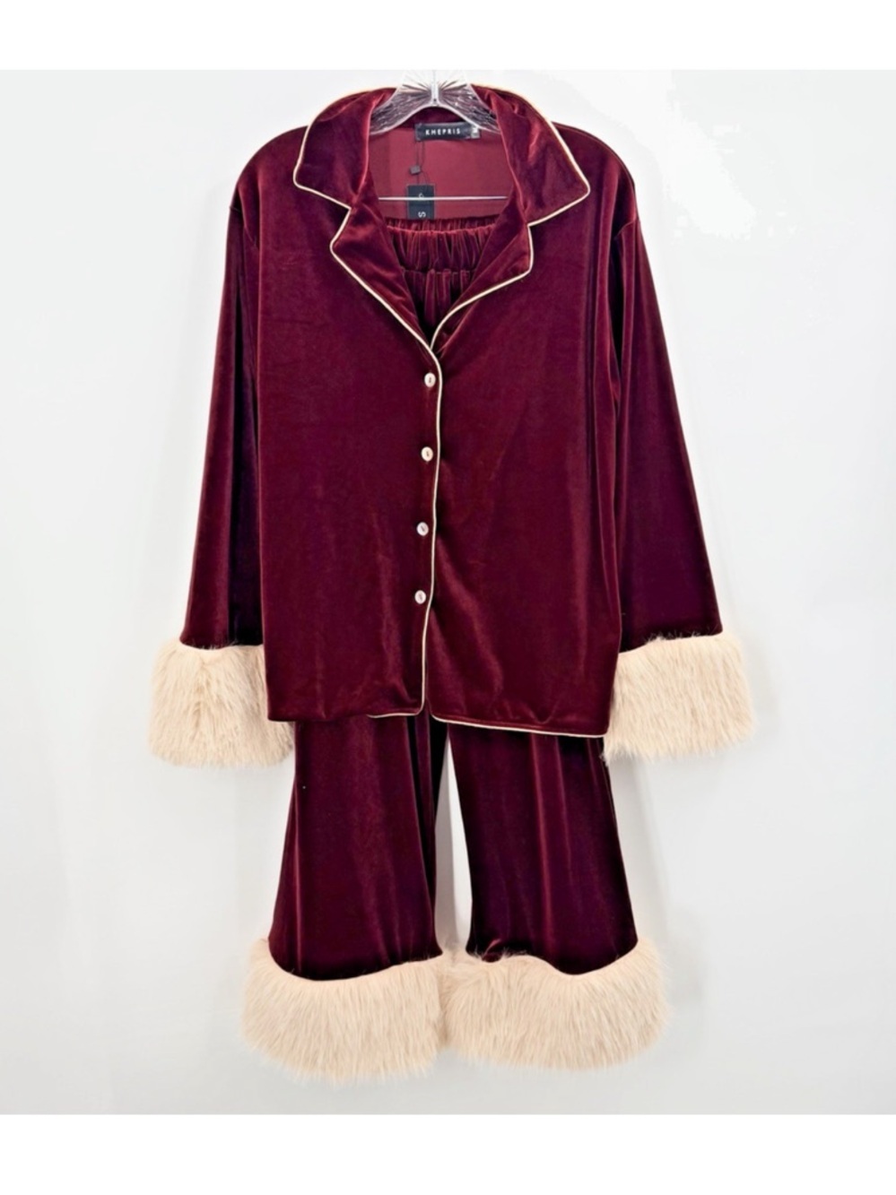 Khepris Burgundy Velvet Faux Fur Cuff Christmas Santa Womens Pajamas Set Medium